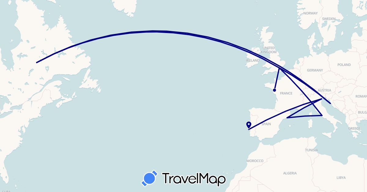TravelMap itinerary: driving in Canada, Spain, France, United Kingdom, Croatia, Italy, Portugal (Europe, North America)